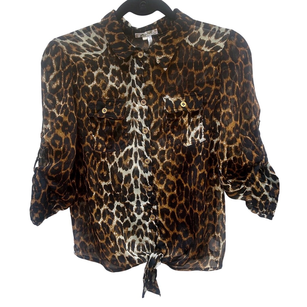 April Leopard Print Sheer Button Down Blouse Tie Front‎ Roll Tab Sleeve Brown M